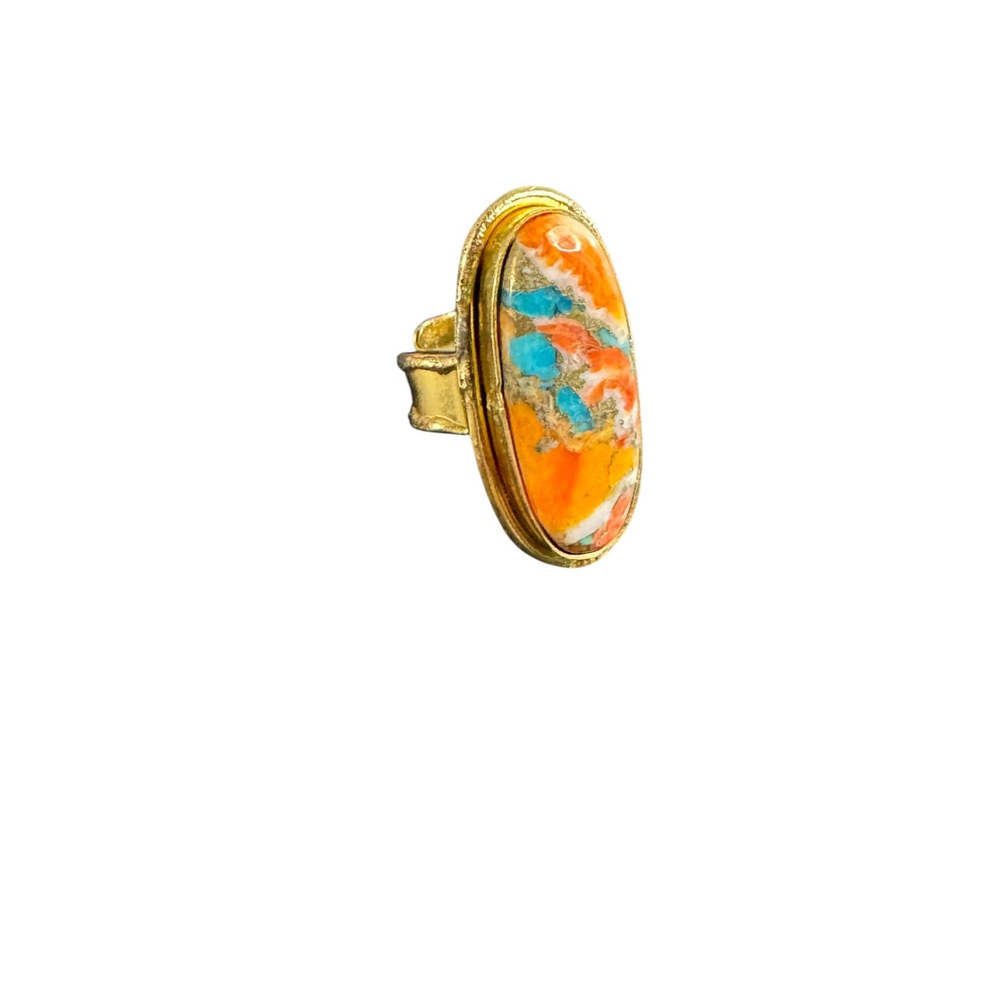 Orange and Teal Cabochon Stone Adjustable Ring
