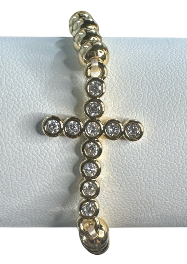 Gold Plated Bead and CZ Cross Elastic Bracelet -Waterproof