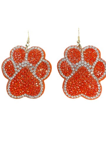 Orange Suede Rhinestone Puff Paw Earrings