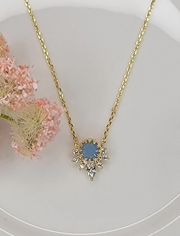 Blue Opal and CZ 14k Gold Plated Deco Necklace