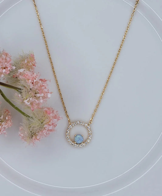 Blue Opal in CZ Halo 14k Gold Plated