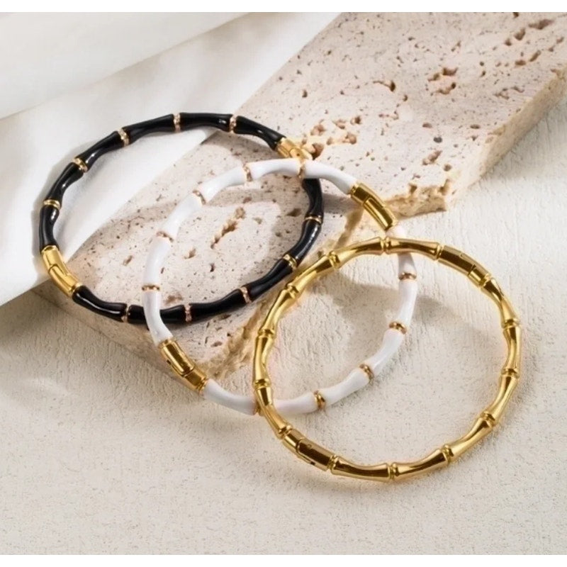 Black Enamel Stainless Bamboo Look Bangle