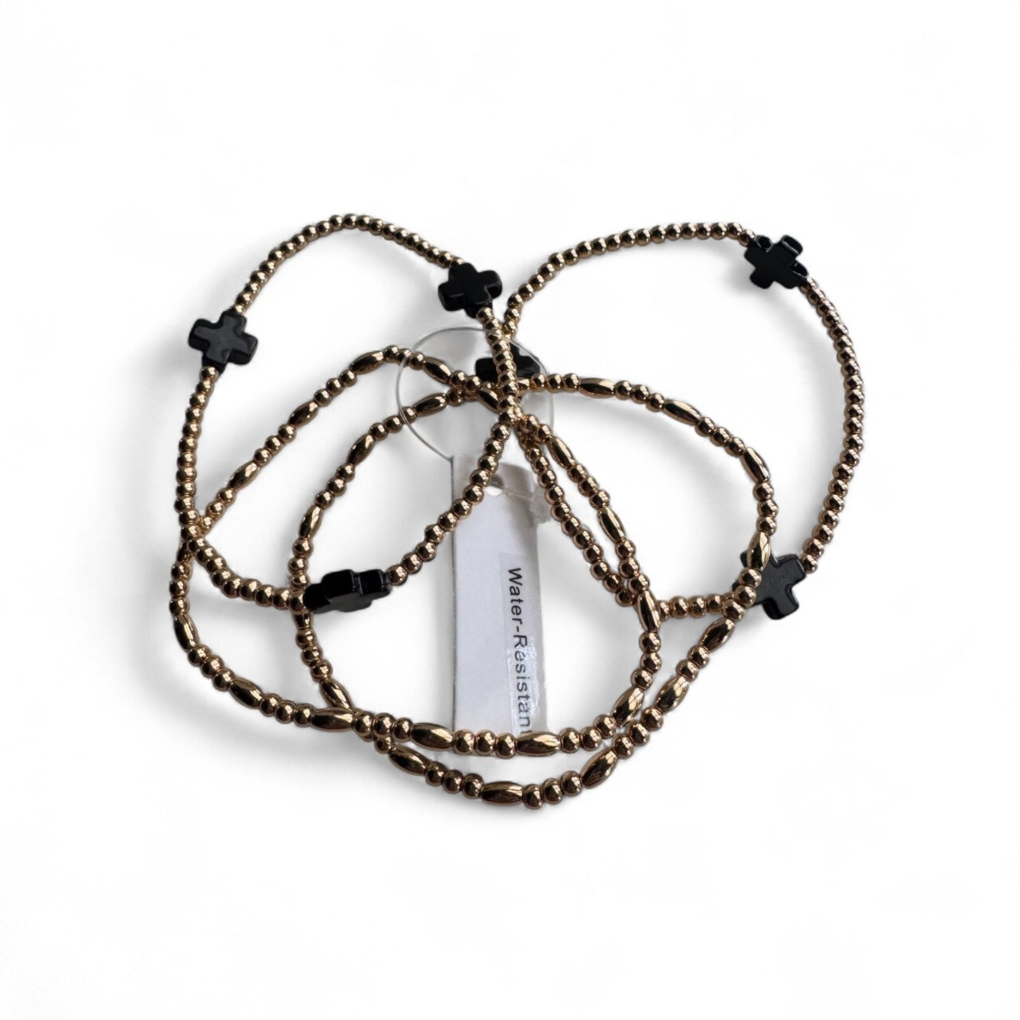 Gold and Black Cross Beaded Stretch Bracelets - Pkg of 4