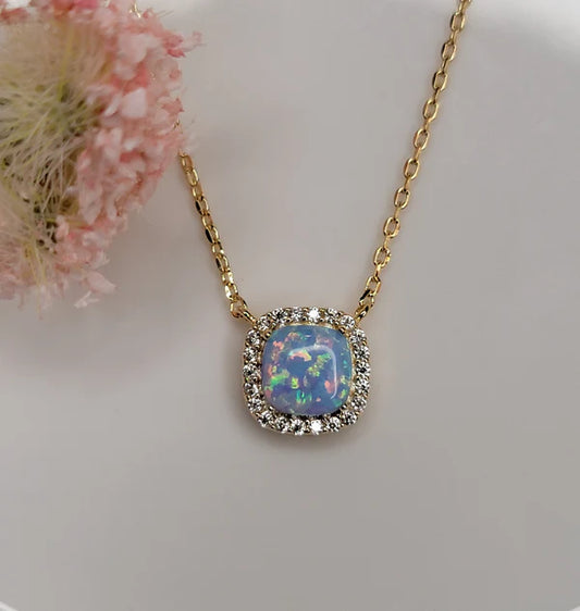 Blue Opal Square 14k Gold Plated Necklace