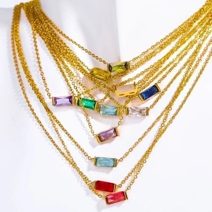 Retro Inlay Rectangle Birthstone Pendant Necklace - Waterproof