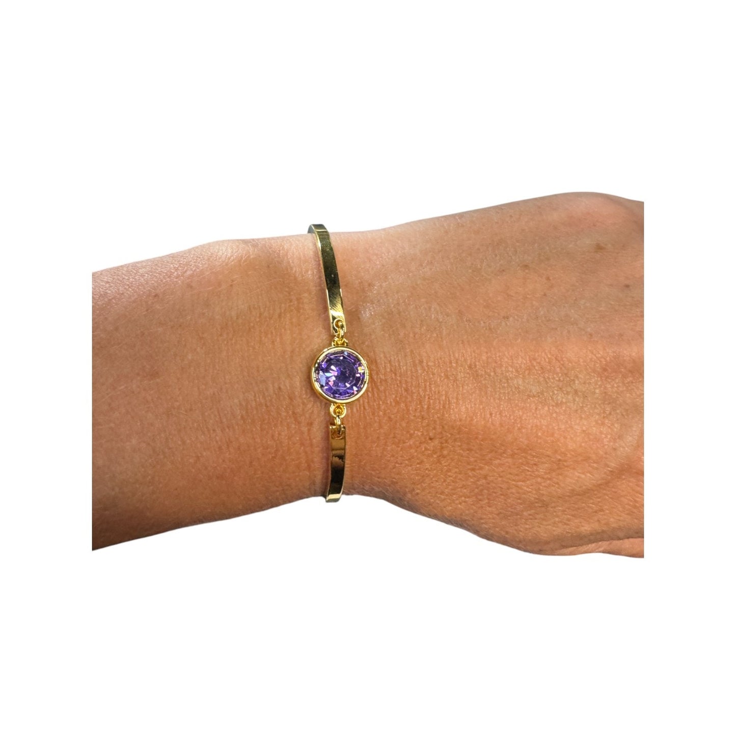 18K Gold Plated Purple Bezel Center Crystal on Curved Gold Bars Bracelet
