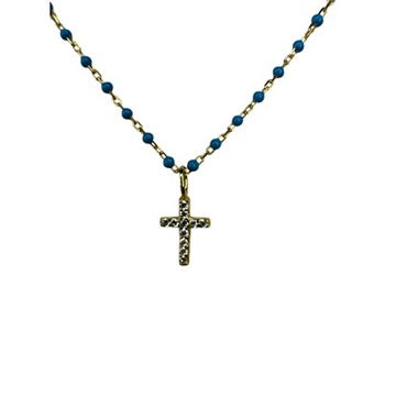 DaintyTurquoise Bead and Gold Plated Chain W/ CZ Cross - Sterling Silver