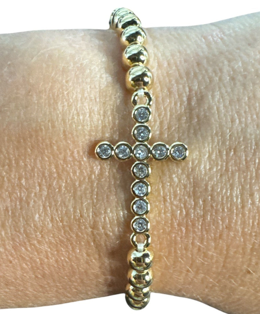 Gold Plated Bead and CZ Cross Elastic Bracelet -Waterproof