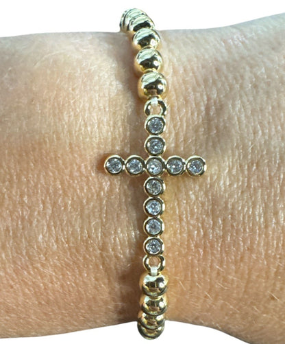 Gold Plated Bead and CZ Cross Elastic Bracelet -Waterproof