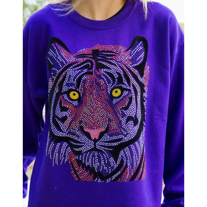 Sweatshirt, Crewneck Purple, Tiger Face -Small