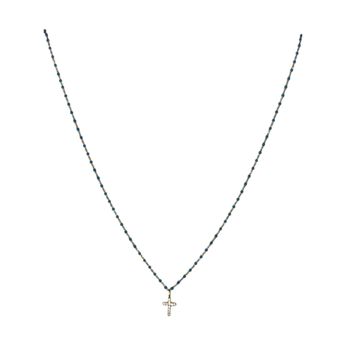DaintyTurquoise Bead and Gold Plated Chain W/ CZ Cross - Sterling Silver
