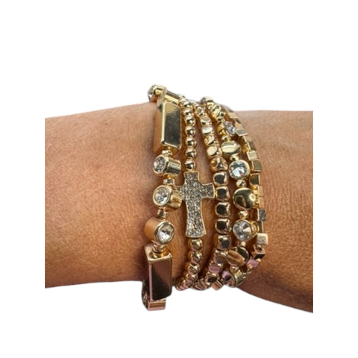 Set of 5 Gold Beaded Square, Flat Small Disks, Rectangle Beads with Clear Crystal Cross Bracelets