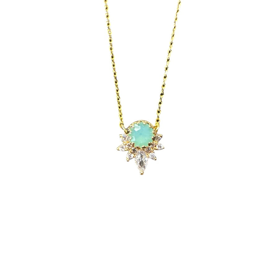 Green Opal and CZ 14k Gold Plated Deco Necklace