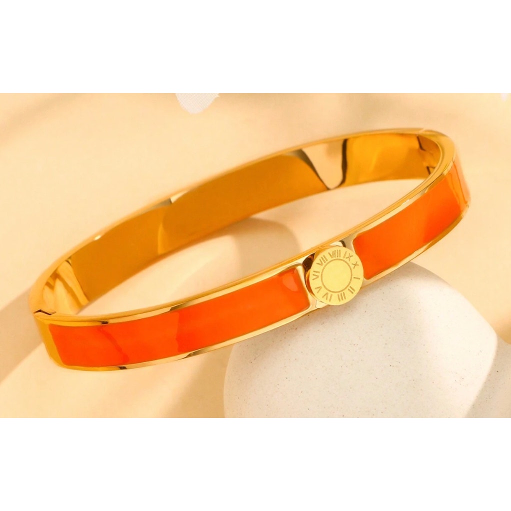 Round Roman Numerals Bracelet Stainless Steel Enamel Bangles - Orange
