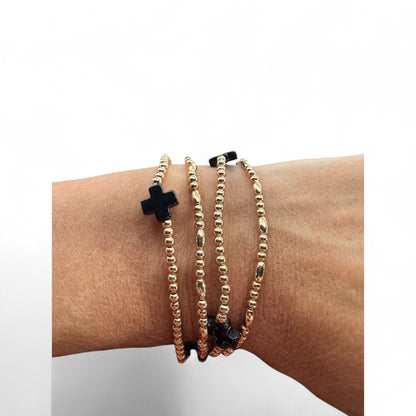 Gold and Black Cross Beaded Stretch Bracelets - Pkg of 4