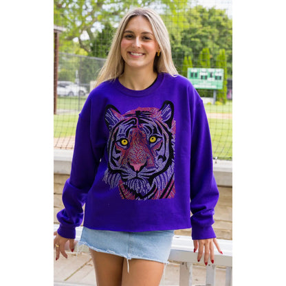 Sweatshirt, Crewneck Purple, Tiger Face - XSmall