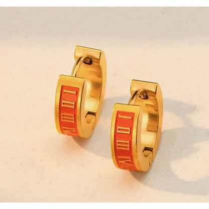 Round Roman Numerals Earrings Stainless Steel Enamel Bangles - Orange