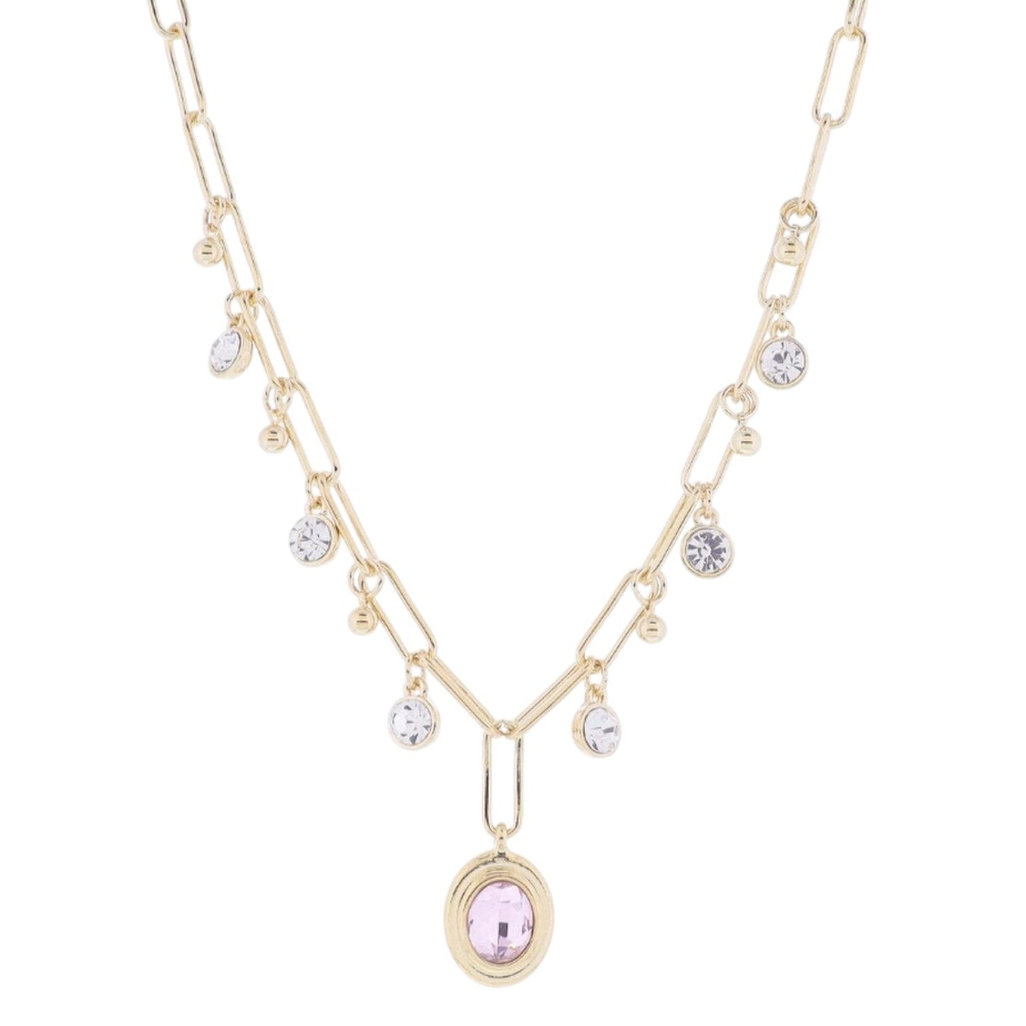 16" Clear Crystal and MiniGold Ball Station Dangles and Oval Light Pink Crystal Necklace