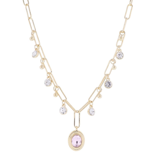 16" Clear Crystal and MiniGold Ball Station Dangles and Oval Light Pink Crystal Necklace