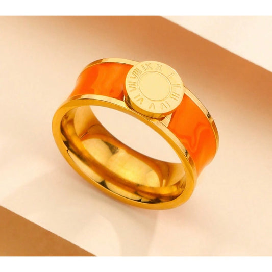 Round Roman Numerals Ring Stainless Steel Enamel Bangles - Orange - Size 7