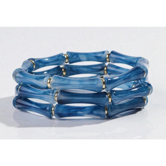 3pcs Bohemian Acrylic Blue Bamboo Beaded Elastic Bracelets
