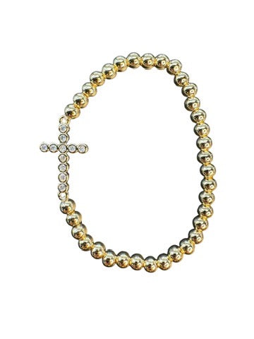 Gold Plated Bead and CZ Cross Elastic Bracelet -Waterproof