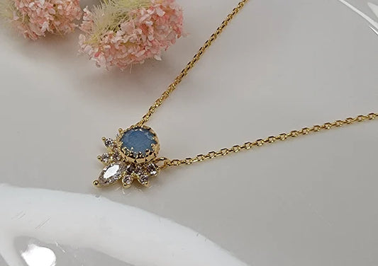 Blue Opal and CZ 14k Gold Plated Deco Necklace