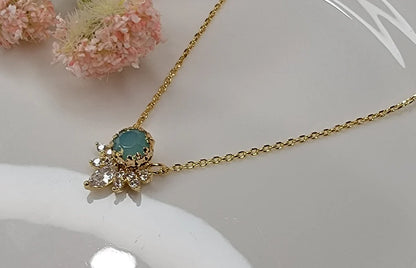 Green Opal and CZ 14k Gold Plated Deco Necklace