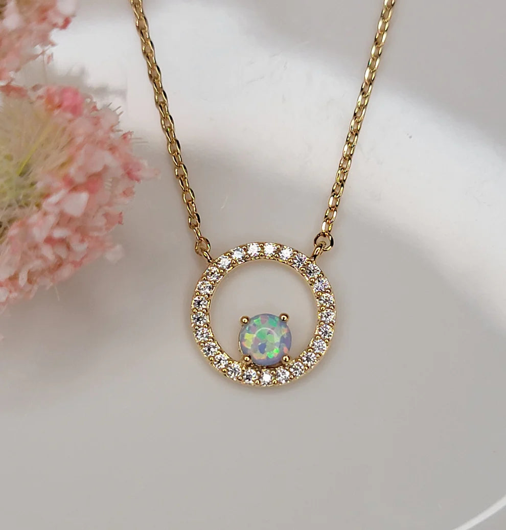 Blue Opal in CZ Halo 14k Gold Plated