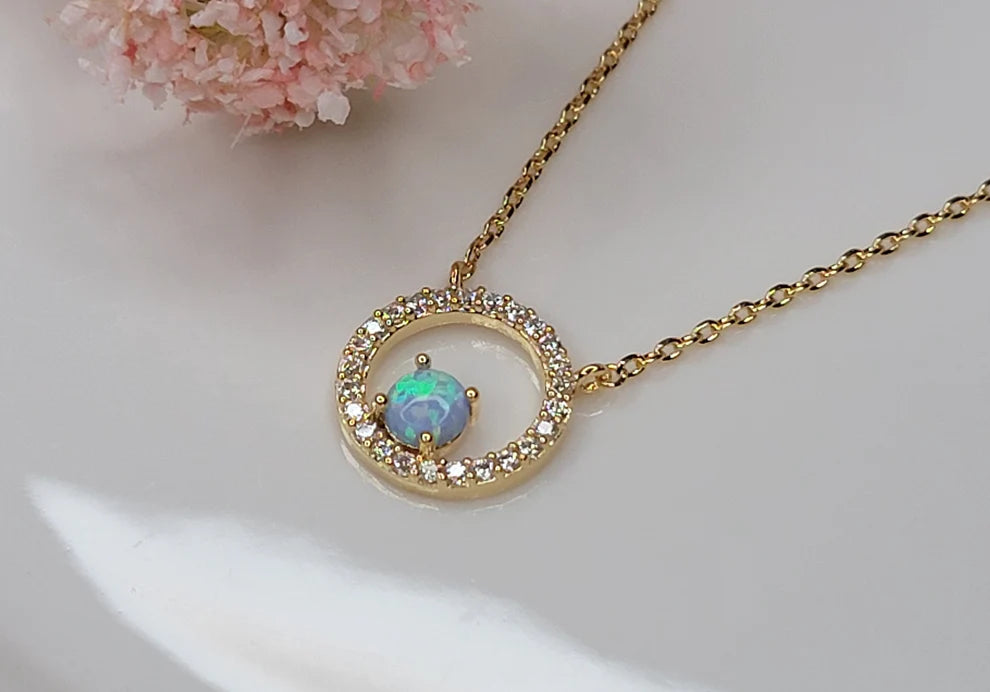 Blue Opal in CZ Halo 14k Gold Plated