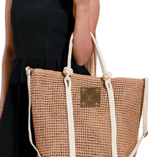 Straw and Vegan Leather Tote - Ivory