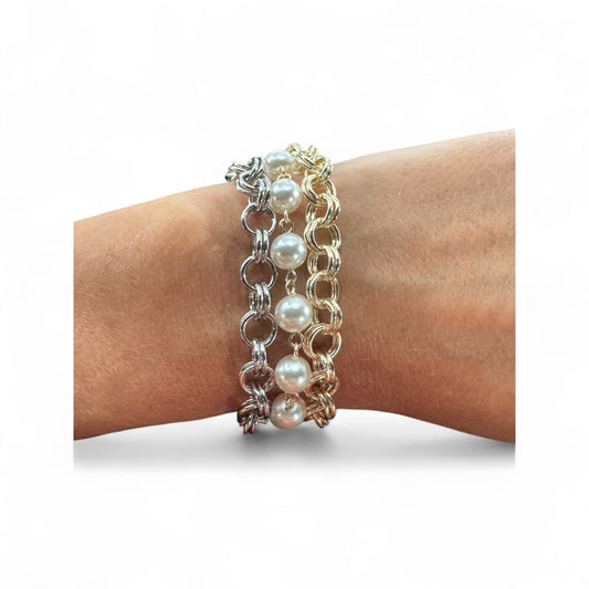 Three Chain Gold, Silver, Pearl  Magnetic Clasp Bracelet - Waterproof