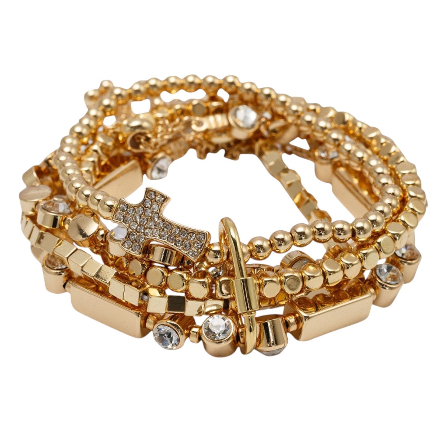 Set of 5 Gold Beaded Square, Flat Small Disks, Rectangle Beads with Clear Crystal Cross Bracelets