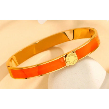 Round Roman Numerals Ring Stainless Steel Enamel Bangles - Orange - Size 6