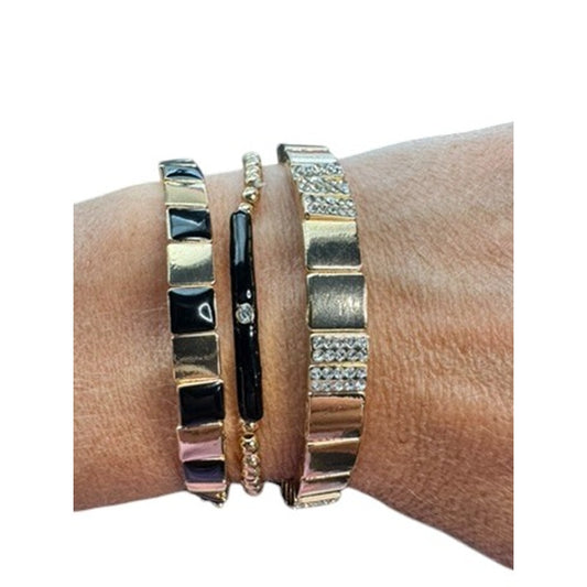 Set of 3 Gold Beaded Black Enamel Square Tiles with Crystal Rectangles & Black Enamel Bar Bracelet
