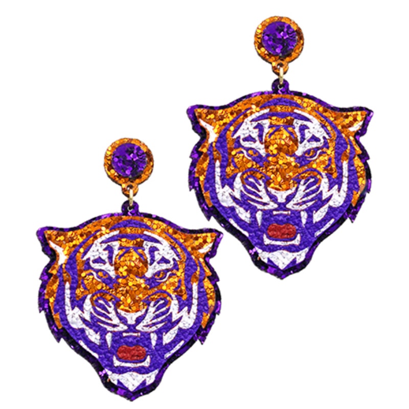 Copied - Glitter Tiger Head  Earrings - Orange / Purple