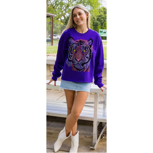 Sweatshirt, Crewneck Purple, Tiger Face -Small