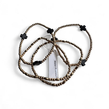 Gold and Black Cross Beaded Stretch Bracelets - Pkg of 4