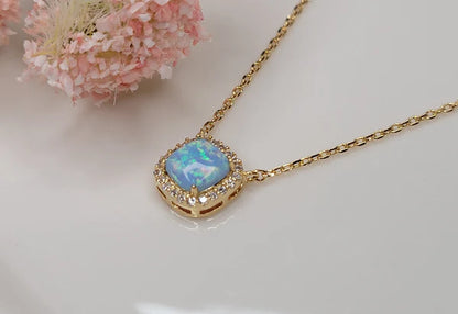 Blue Opal Square 14k Gold Plated Necklace