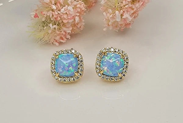 Blue Opal Square Earrings - Gold Plated