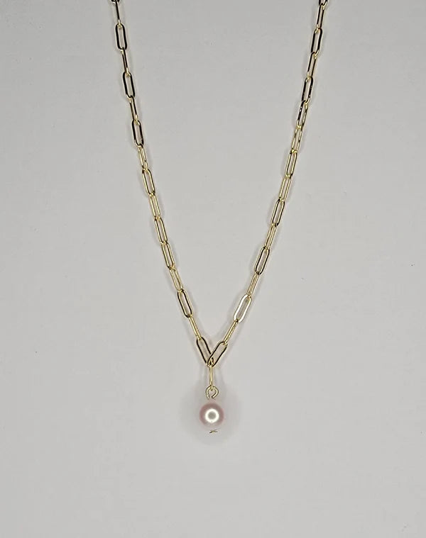 Pearl and Paperclip 14k Plated Necklace
